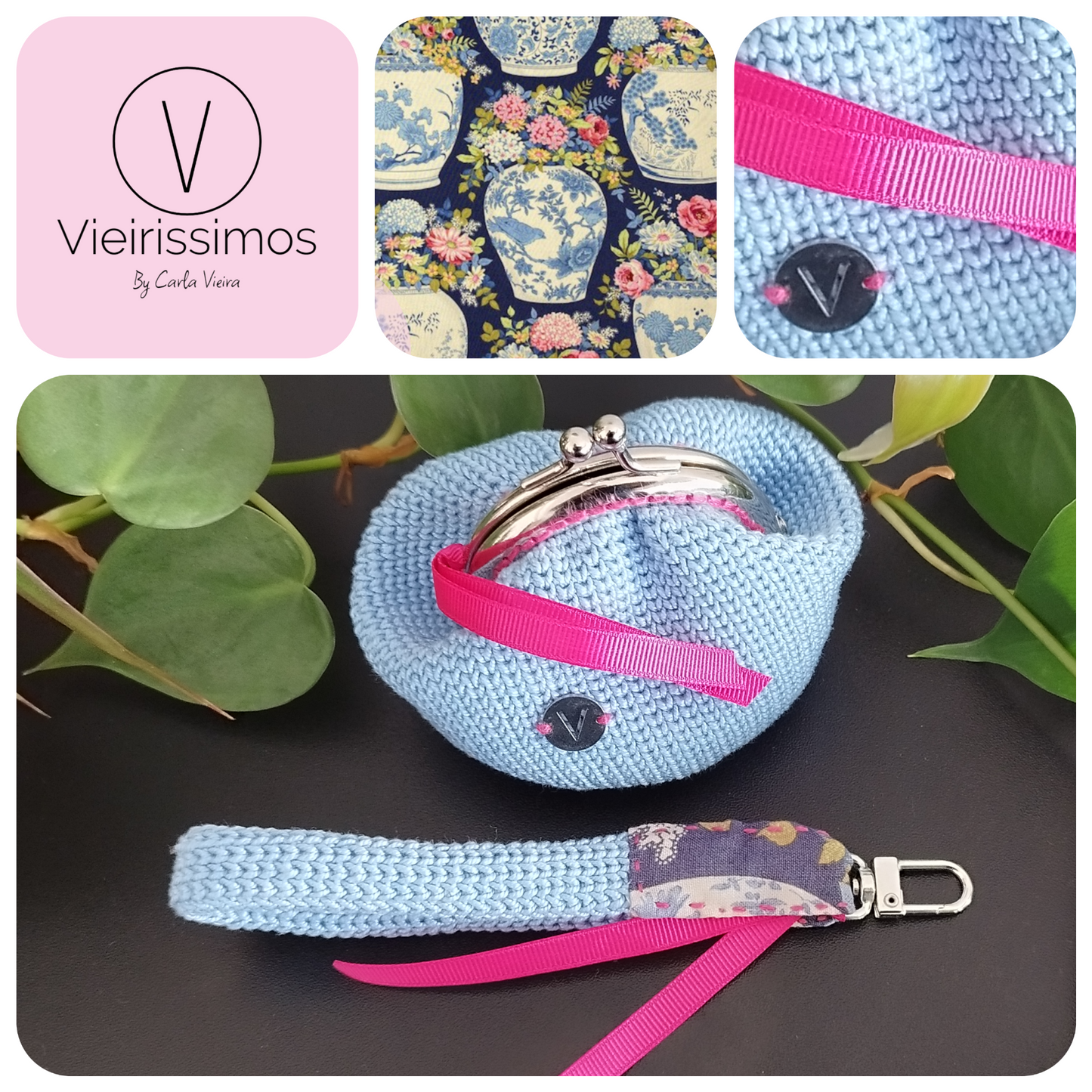 Duo 'Chic Flowervase Navy Blue' - Porta‑chaves & Porta Moedas