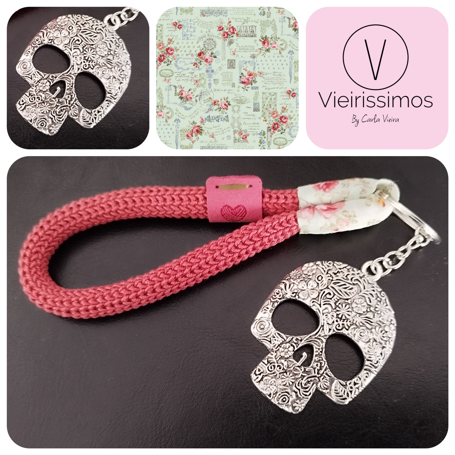 Porta-Chaves Caveira 'Old Rose Garden' — Crochê & Algodão