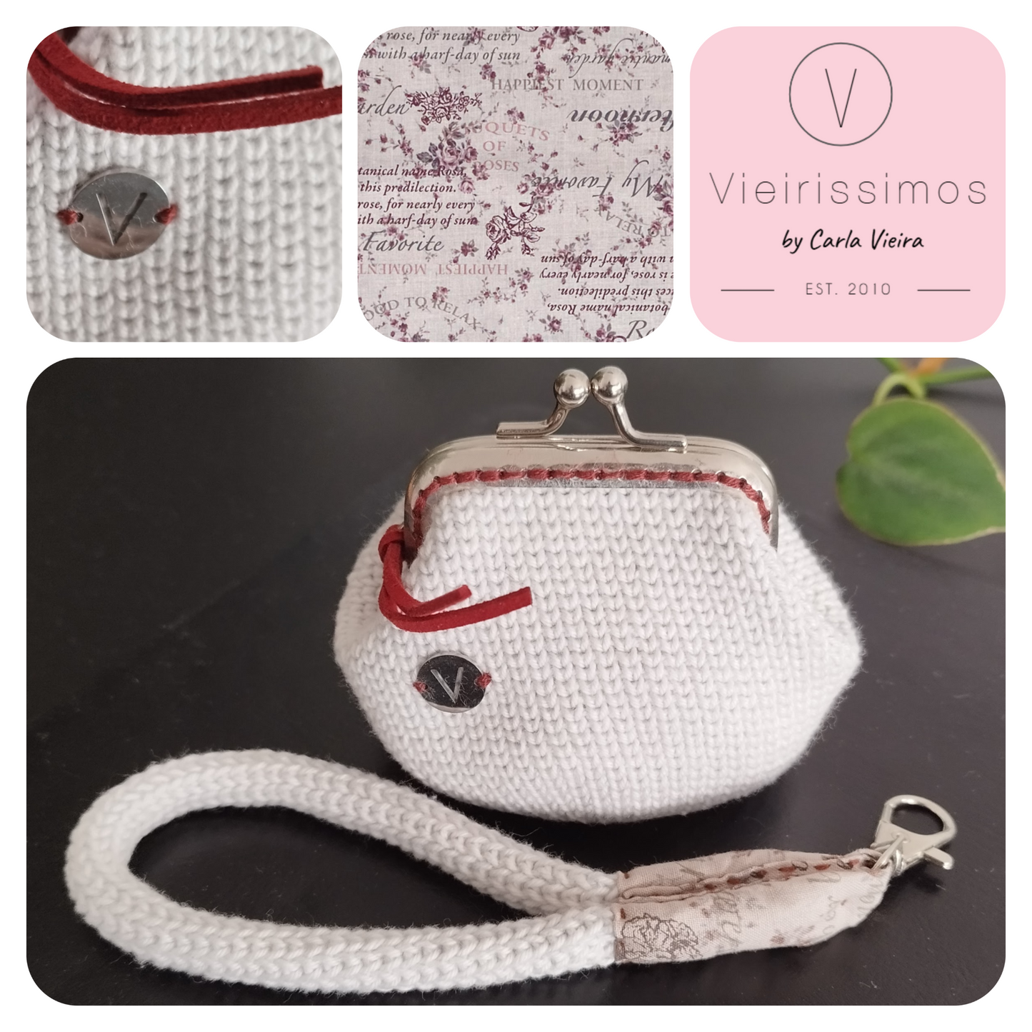 Duo Porta‑Moedas & Porta‑Chaves em Crochê – 'Romantic letter gray'  (Linha Essencial)