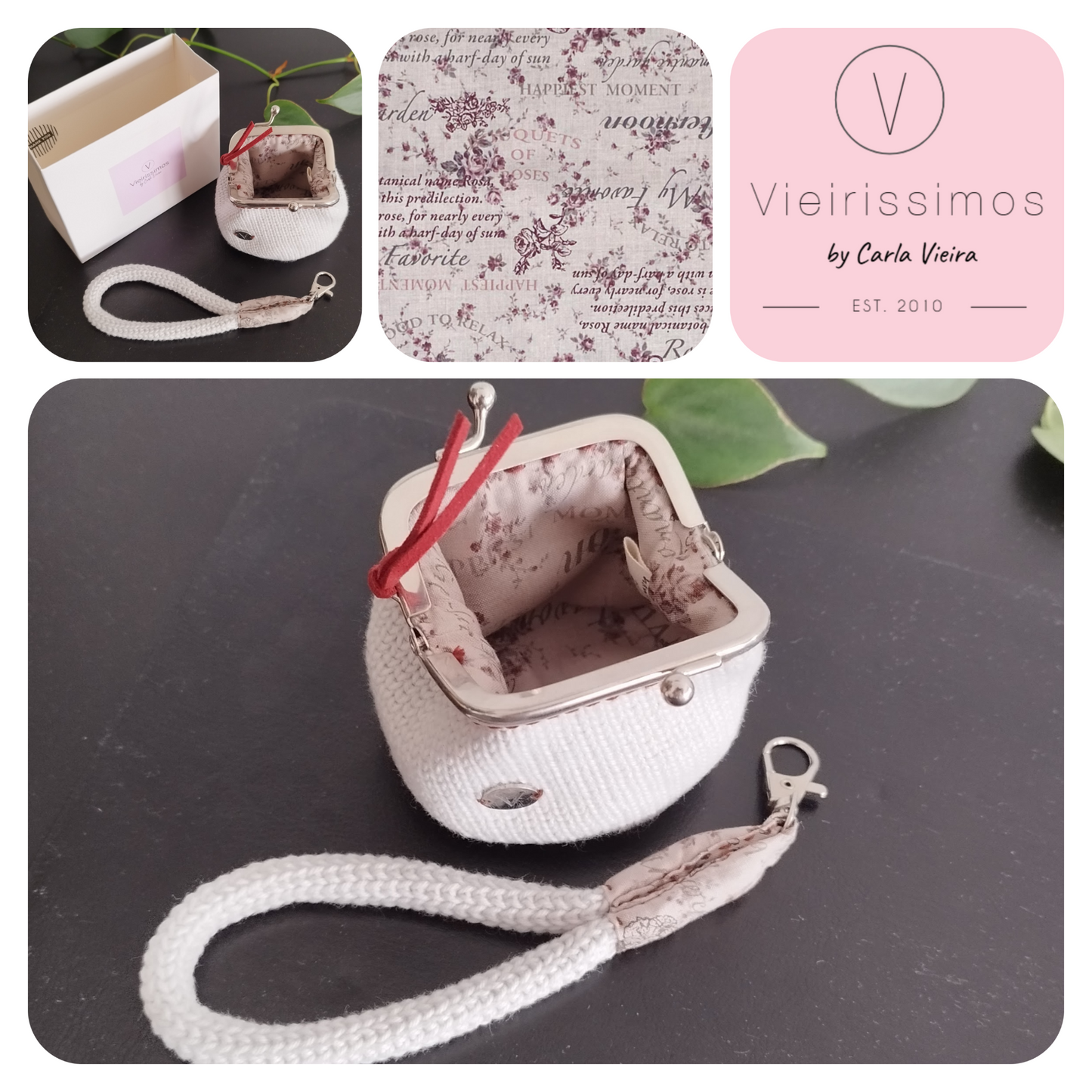 Duo Porta‑Moedas & Porta‑Chaves em Crochê – 'Romantic letter gray'  (Linha Essencial)