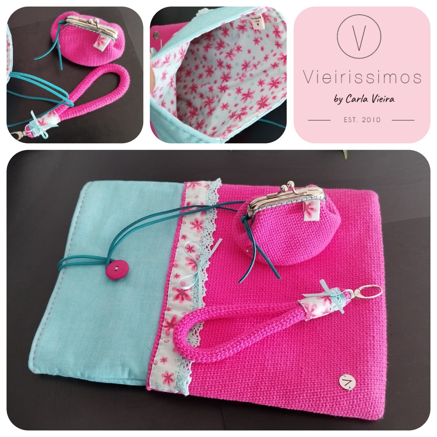 Trio 'Azul & Rosa' — Capa Portátil, Porta‑chaves & Porta Moedas