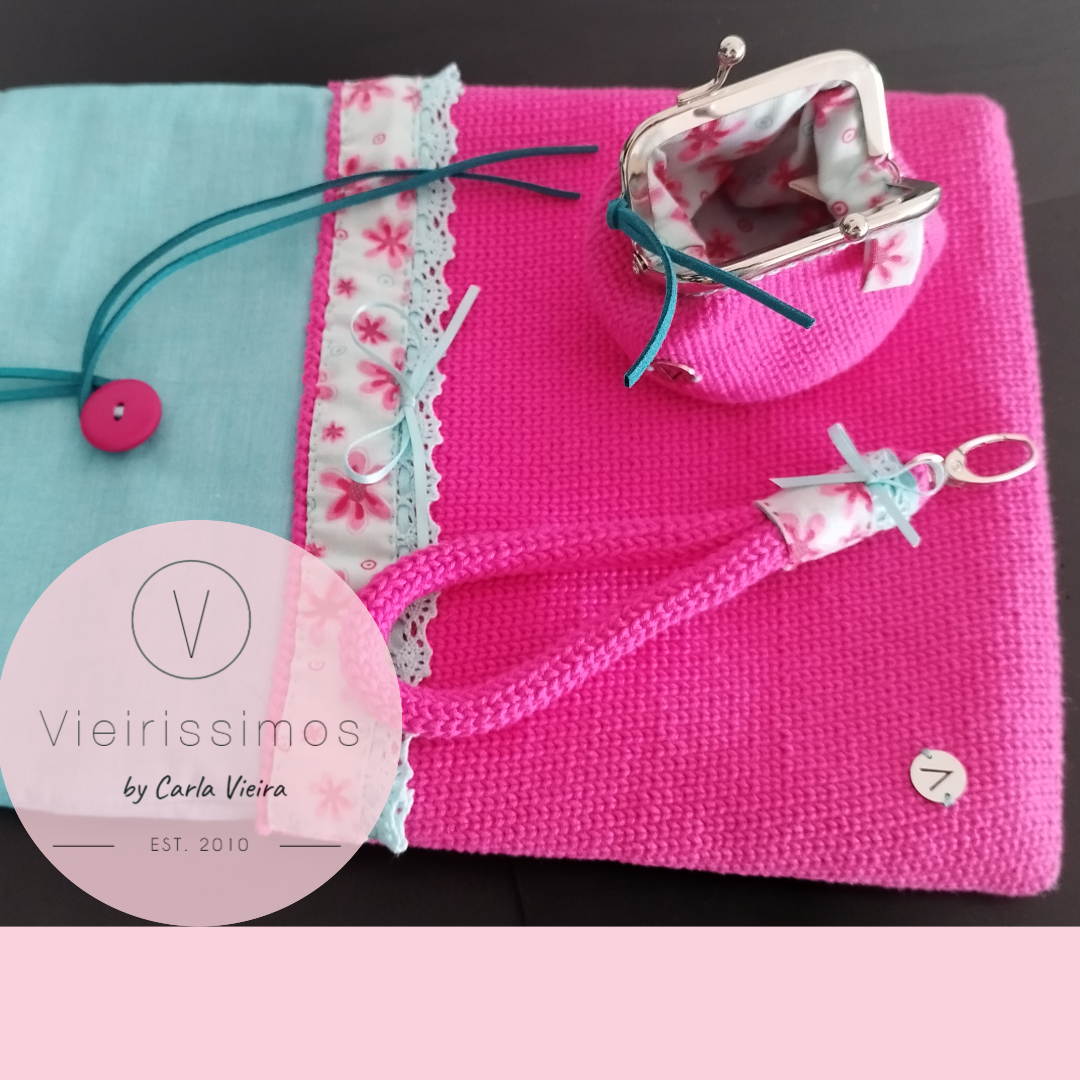 Trio 'Azul & Rosa' — Capa Portátil, Porta‑chaves & Porta Moedas